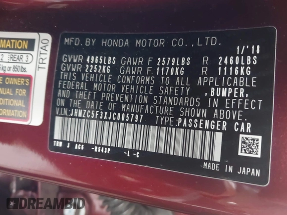 2018 Honda Clarity Plug-In Hybrid Touring with VIN JHMZC5F3XJC005797, listed as a IAAI auction lot 42021622 with 58,307 mi miles. Bid and sale history available at carsss.com. Image 9.