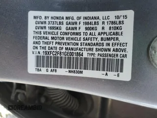2016 Honda Civic Sedan EX with VIN 19XFC2F81GE001864, listed as a Copart auction lot 51503115 with 92,826 mi miles and Salvage Title. Bid and sale history available at carsss.com. Image 12.