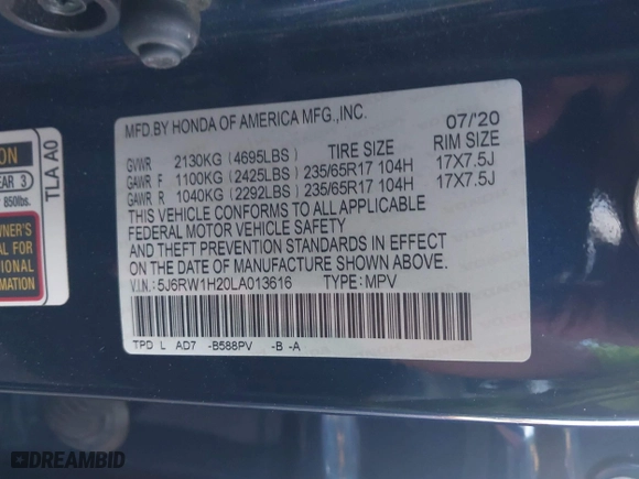 2020 Honda CR-V LX with VIN 5J6RW1H20LA013616, listed as a IAAI auction lot 41356432 with 104,164 mi miles. Bid and sale history available at carsss.com. Image 9.