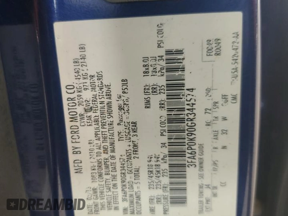 2016 Ford Fusion Titanium with VIN 3FA6P0K90GR344574, listed as a Copart auction lot 62486735 with 172,495 mi miles and Salvage title. Bid and sale history available at DreamBid. Image 12.