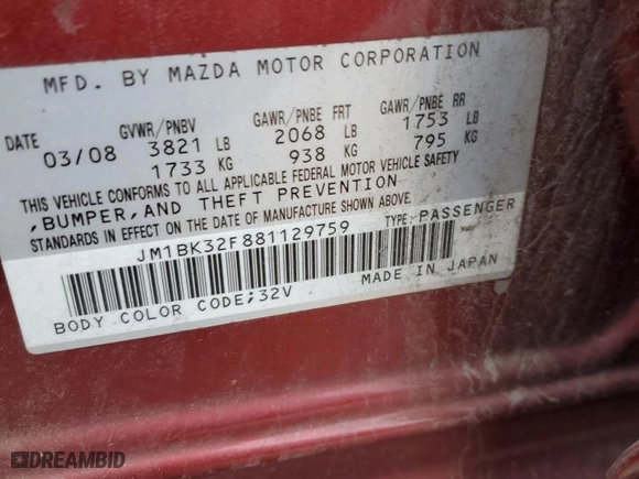 2008 Mazda Mazda3 Sport *Ltd Avail* with VIN JM1BK32F881129759, listed as a Copart auction lot 82471304 with 229,241 mi miles and Clean Title. Bid and sale history available at carsss.com. Image 12.