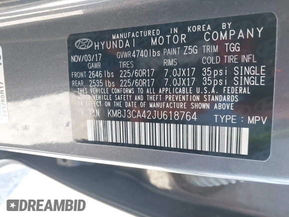2018 Hyundai Tucson SEL with VIN KM8J3CA42JU618764, listed as a IAAI auction lot 41677046 with 127,980 mi miles. Bid and sale history available at carsss.com. Image 9.