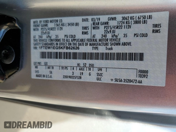 2019 Ford F-150 Limited with VIN 1FTEW1EG5KFB62626, listed as a Copart auction lot 47619205 with 74,953 mi miles and Salvage Title. Bid and sale history available at carsss.com. Image 15.