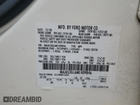 2021 Ford EcoSport SE with VIN MAJ6S3GL6MC409846, listed as a Copart auction lot 54111455 with 61,691 mi miles and Salvage title. Bid and sale history available at DreamBid. Image 13.
