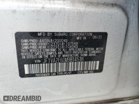 2021 Subaru WRX STI with VIN JF1VA2E60M9814538, listed as a Copart auction lot 56328295 with 58,512 mi miles and Salvage title. Bid and sale history available at DreamBid. Image 12.