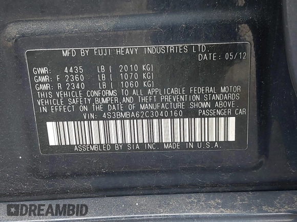 2012 Subaru Legacy 2.5i with VIN 4S3BMBA62C3040160, listed as a IAAI auction lot 42050335 with 186,367 mi miles. Bid and sale history available at carsss.com. Image 9.