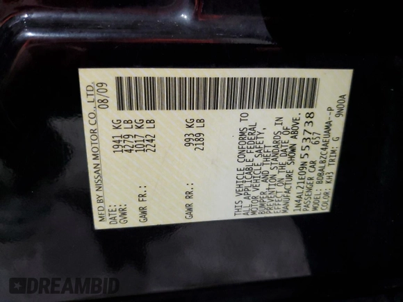 2009 Nissan Altima 2.5 S with VIN 1N4AL21E09N553738, listed as a Copart auction lot 52675865 with 130,041 mi miles and Salvage Title. Bid and sale history available at carsss.com. Image 14.