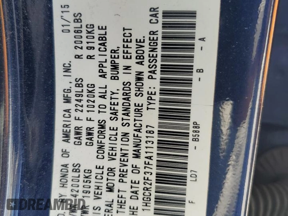 2015 Honda Accord Sedan LX with VIN 1HGCR2F37FA113187, listed as a Copart auction lot 54125155 with 138,803 mi miles and Salvage Title. Bid and sale history available at carsss.com. Image 12.