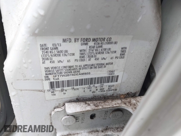 2013 Ford F-250 XL with VIN 1FT7W2BT6DEA95933, listed as a IAAI auction lot 41856698 with 168,236 mi miles and . Bid and sale history available at DreamBid. Image 9.