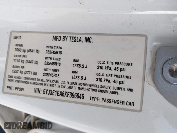 2019 Tesla Model 3 Mid Range with VIN 5YJ3E1EA6KF396946, listed as a IAAI auction lot 41123058 with 69,013 mi miles and . Bid and sale history available at carsss.com. Image 9.