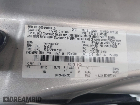 2016 Ford Focus SE with VIN 1FADP3F20GL325141, listed as a IAAI auction lot 42472407 with 103,799 mi miles and . Bid and sale history available at DreamBid. Image 9.