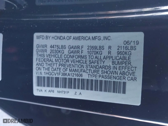 2019 Honda Accord Sedan Sport 1.5T with VIN 1HGCV1F38KA121606, listed as a IAAI auction lot 41382047 with 60,685 mi miles. Bid and sale history available at carsss.com. Image 9.