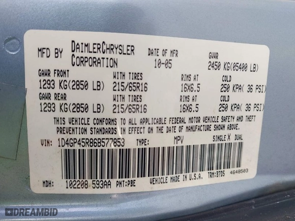 2006 Dodge Caravan SXT with VIN 1D4GP45R86B577853, listed as a IAAI auction lot 41695240 with 167,391 mi miles. Bid and sale history available at carsss.com. Image 9.