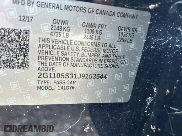 2018 Chevrolet Impala LT with VIN 2G1105S31J9153544, listed as a Copart auction lot 54958785 with 84,022 mi miles and Salvage Title. Bid and sale history available at DreamBid. Image 10.