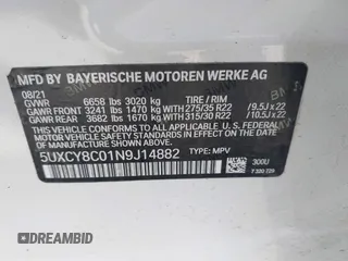 2022 BMW X6 M50i z VIN 5UXCY8C01N9J14882, wystawiony jako IAAI lot #41856966 z przebiegiem 22 893 mil mil oraz . Historia ofert i sprzedaży dostępna na DreamBid. Obrazek 9.