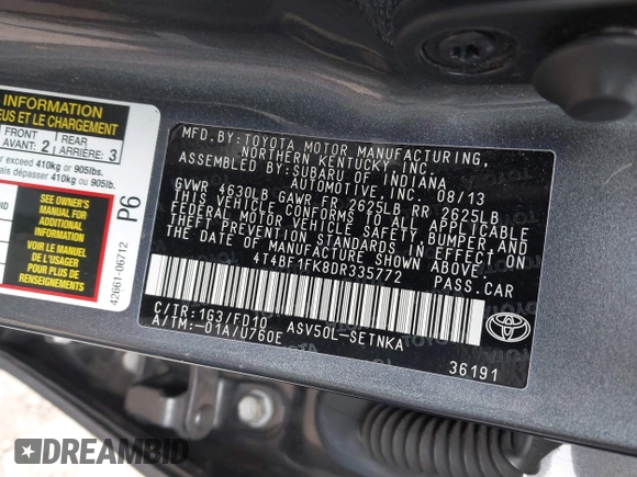 2013 Toyota Camry L with VIN 4T4BF1FK8DR335772, listed as a IAAI auction lot 41825342 with 125,001 mi miles. Bid and sale history available at carsss.com. Image 9.