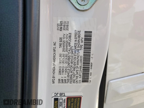 2020 Acura RDX w/A-Spec Pkg with VIN 5J8TC2H68LL029033, listed as a Copart auction lot 55519735 with 45,590 mi miles and Salvage title. Bid and sale history available at DreamBid. Image 13.