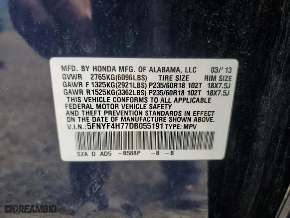 2013 Honda Pilot EX-L with VIN 5FNYF4H77DB055191, listed as a Copart auction lot 49885265 with 123,179 mi miles and Salvage Title. Bid and sale history available at carsss.com. Image 13.