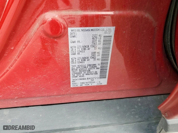 2017 Nissan Rogue SL with VIN 5N1AT2MV8HC843723, listed as a Copart auction lot 48320125 with 91,864 mi miles and Salvage Title. Bid and sale history available at carsss.com. Image 16.