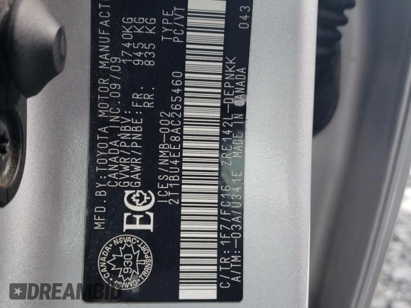 2010 Toyota Corolla with VIN 2T1BU4EE8AC265460, listed as a Copart auction lot 52155605 with 151,510 mi miles and Salvage title. Bid and sale history available at DreamBid. Image 13.