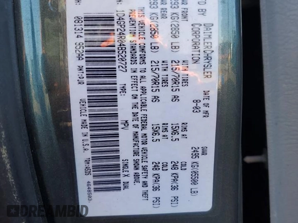 2004 Dodge Caravan SE with VIN 1D4GP24R04B520727, listed as a Copart auction lot 52002475 with 164,954 mi miles and Salvage title. Bid and sale history available at DreamBid. Image 16.