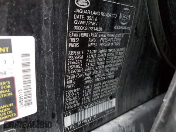 2016 Land Rover Range Rover Sport HSE z VIN SALWR2KF1GA595113, wystawiony jako Copart lot #48534835 z przebiegiem Nie podano mil oraz Szkody całkowita. Historia ofert i sprzedaży dostępna na DreamBid. Obrazek 14.
