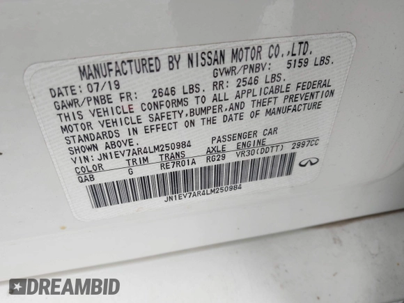 2020 Infiniti Q50 with VIN JN1EV7AR4LM250984, listed as a IAAI auction lot 41941918 with 76,086 mi miles and . Bid and sale history available at DreamBid. Image 9.