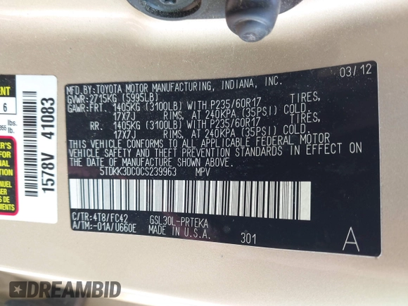 2012 Toyota Sienna LE AAS с VIN 5TDKK3DC0CS239963, выставлен на аукционе IAAI как лот 42550710 с пробегом 192 712 миль миль и . История ставок и продаж доступна на DreamBid. Изображение 9.