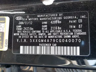 2012 Kia Optima LX with VIN 5XXGM4A79CG040070, listed as a IAAI auction lot 42106460 with 109,422 mi miles and . Bid and sale history available at carsss.com. Image 9.