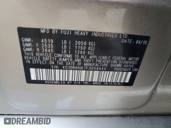 2015 Subaru Legacy Limited with VIN 4S3BNAN67F3059440, listed as a Copart auction lot 60260424 with 102,842 mi miles and Salvage Title. Bid and sale history available at DreamBid. Image 13.