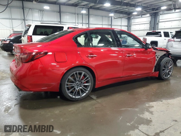 2021 Infiniti Q50 Red Sport 400 with VIN JN1FV7DR0MM880308, listed as a Copart auction lot 86103434 with 27,845 mi miles and Salvage Title. Bid and sale history available at DreamBid. Image 3.