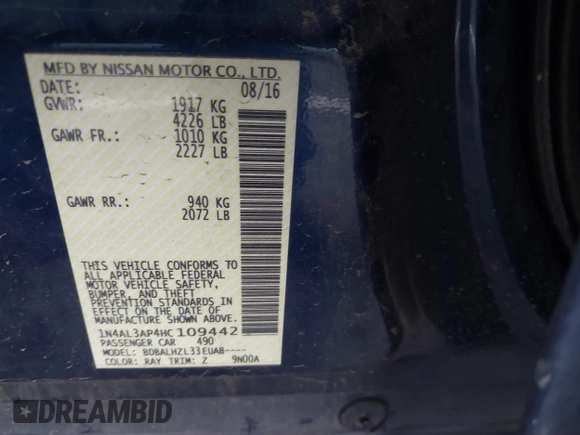 2017 Nissan Altima SV with VIN 1N4AL3AP4HC109442, listed as a IAAI auction lot 41728568 with 215,092 mi miles and . Bid and sale history available at DreamBid. Image 9.