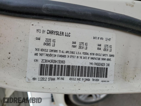 2008 Chrysler 300 LX with VIN 2C3KA43R28H192069, listed as a Copart auction lot 53568495 with 117,012 mi miles and Clean Title. Bid and sale history available at carsss.com. Image 12.