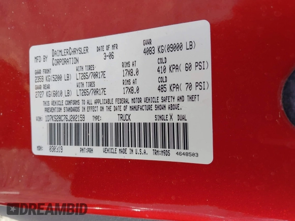 2006 Dodge 2500 SLT z VIN 1D7KS28C76J202159, wystawiony jako IAAI lot #42167349 z przebiegiem 71 407 mil mil oraz . Historia ofert i sprzedaży dostępna na DreamBid. Obrazek 9.