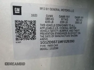 2021 Chevrolet Malibu LT with VIN 1G1ZD5ST1MF029390, listed as a Copart auction lot 49377005 with 82,395 mi miles and Salvage Title. Bid and sale history available at DreamBid. Image 12.