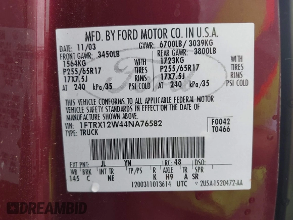 2004 Ford F-150 STX with VIN 1FTRX12W44NA76582, listed as a IAAI auction lot 42298202 with 168,176 mi miles and . Bid and sale history available at DreamBid. Image 9.