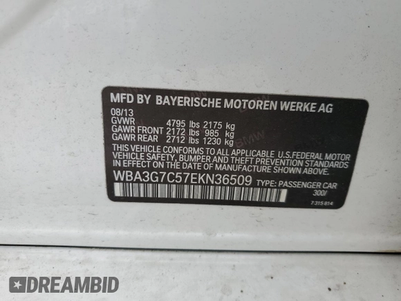 2014 BMW 3 Series 328i xDrive with VIN WBA3G7C57EKN36509, listed as a Copart auction lot 56784925 with 86,792 mi miles and Salvage title. Bid and sale history available at DreamBid. Image 12.
