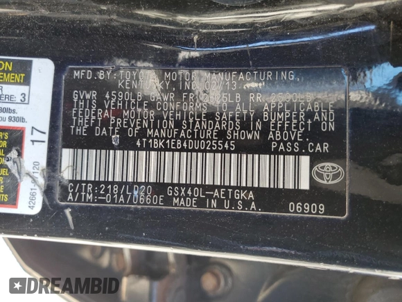 2013 Toyota Avalon XLE z VIN 4T1BK1EB4DU025545, wystawiony jako Copart lot #60996925 z przebiegiem 271 978 mil mil oraz Szkoda całkowita • Salvage title. Historia ofert i sprzedaży dostępna na DreamBid. Obrazek 12.