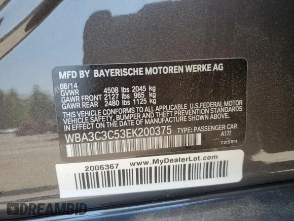 2014 BMW 3 Series 320i xDrive with VIN WBA3C3C53EK200375, listed as a Copart auction lot 59915595 with 104,320 mi miles and Salvage title. Bid and sale history available at DreamBid. Image 12.
