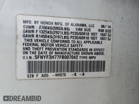 2015 Honda Pilot EX-L z VIN 5FNYF3H77FB007042, wystawiony jako Copart lot #60122705 z przebiegiem 183 727 mil mil oraz Szkoda całkowita • Salvage title. Historia ofert i sprzedaży dostępna na DreamBid. Obrazek 14.