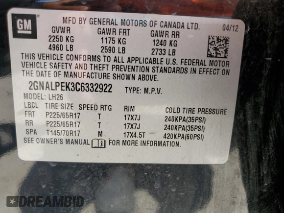 2012 Chevrolet Equinox 2LT z VIN 2GNALPEK3C6332922, wystawiony jako Copart lot #56377305 z przebiegiem 192 682 mil mil oraz Szkoda całkowita • Salvage title. Historia ofert i sprzedaży dostępna na DreamBid. Obrazek 13.