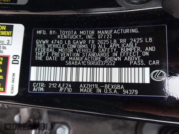 2024 Lexus ES 300h with VIN 58ABA1C1XRU037552, listed as a IAAI auction lot 41740338 with 21,655 mi miles and . Bid and sale history available at DreamBid. Image 9.