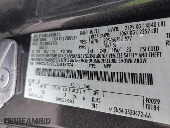 2018 Ford Escape Titanium с VIN 1FMCU9J93JUB18374, выставлен на аукционе IAAI как лот 42652204 с пробегом 63 609 миль миль и . История ставок и продаж доступна на DreamBid. Изображение 9.