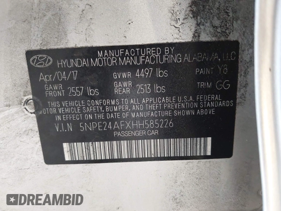 2017 Hyundai Sonata SE with VIN 5NPE24AFXHH585226, listed as a IAAI auction lot 42144165 with 191,037 mi miles and . Bid and sale history available at DreamBid. Image 9.