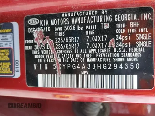 2017 Kia Sorento LX with VIN 5XYPG4A33HG294350, listed as a Copart auction lot 53995425 with 191,082 mi miles and Salvage Title. Bid and sale history available at carsss.com. Image 13.