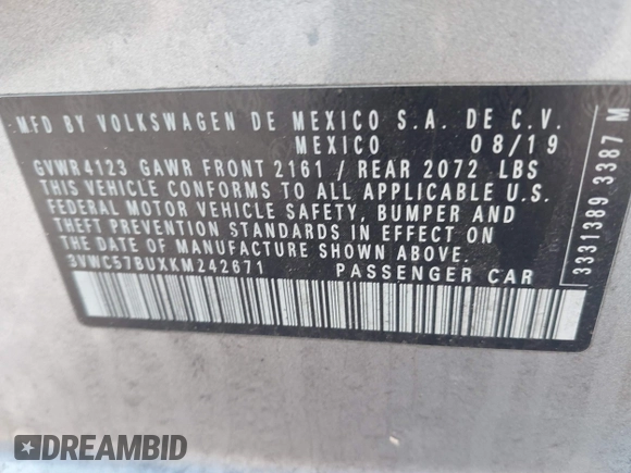 2019 Volkswagen Jetta S z VIN 3VWC57BUXKM242671, wystawiony jako IAAI lot #41813164 z przebiegiem 100 642 mil mil oraz . Historia ofert i sprzedaży dostępna na DreamBid. Obrazek 9.