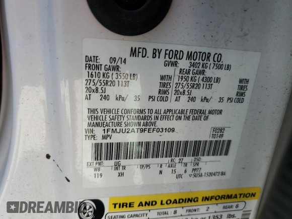 2015 Ford Expedition Limited with VIN 1FMJU2AT9FEF03109, listed as a Copart auction lot 46498415 with 107,092 mi miles and Salvage title. Bid and sale history available at DreamBid. Image 13.