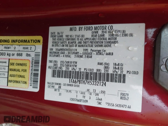 2017 Ford Mustang EcoBoost with VIN 1FA6P8TH7H5332124, listed as a IAAI auction lot 40471105 with 1 mi miles. Bid and sale history available at carsss.com. Image 9.