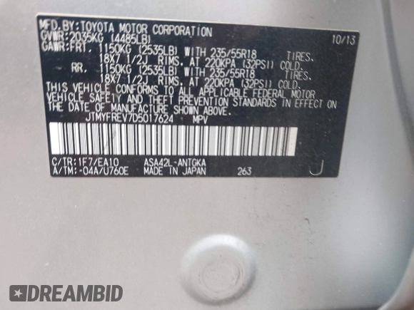 2013 Toyota RAV4 Limited with VIN JTMYFREV7D5017624, listed as a IAAI auction lot 42122599 with 174,613 mi miles and . Bid and sale history available at DreamBid. Image 9.