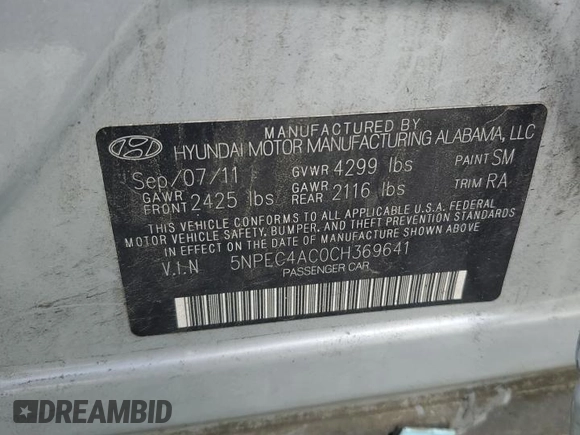 2012 Hyundai Sonata SE z VIN 5NPEC4AC0CH369641, wystawiony jako Copart lot #55160595 z przebiegiem Nie podano mil oraz Szkoda całkowita • Salvage title. Historia ofert i sprzedaży dostępna na DreamBid. Obrazek 12.
